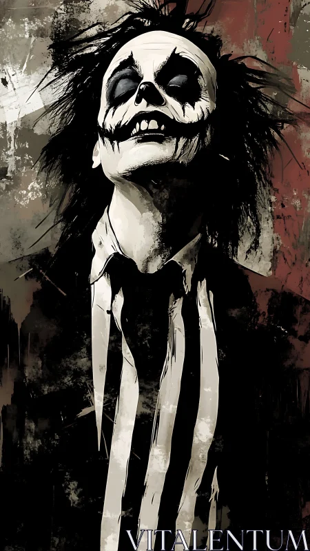 Clown painted figure tilts head back in rough digital style