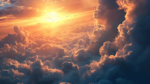 Sunset light across dense cumuliform clouds above horizon.