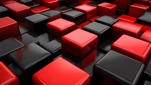Red and black glossy cubes create a dynamic 3D modular grid