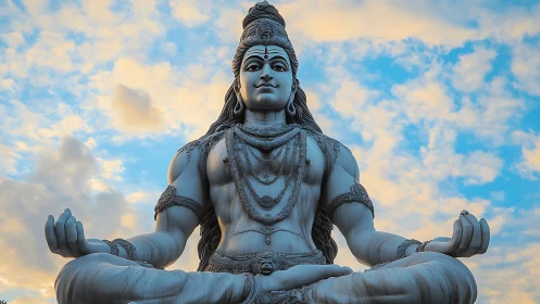 Monumental meditative deity sculpture under stratified dawn sky.