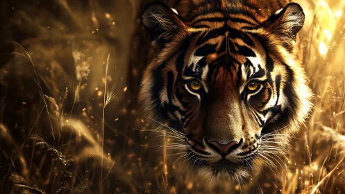 Tiger stares forward in tall backlit golden grass field