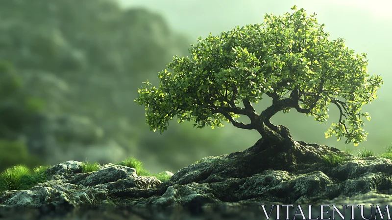 Solitary small tree on rocky terrain in soft green light.