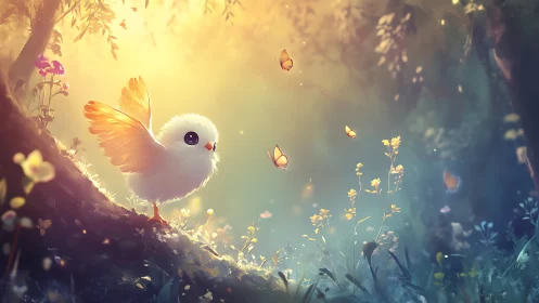Whimsical fluffy bird in sunlit forest with butterflies, digital art.