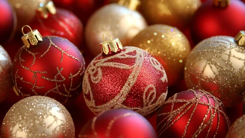 Glittered red and gold Christmas baubles under shallow-focus lighting