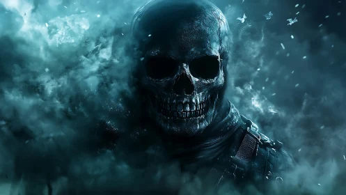 Haunting skull figure emerges calmly from swirling blue mist