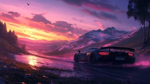 Sports car on mountain road under vivid sunset sky.