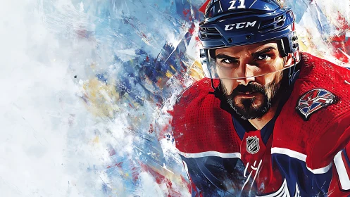 Ice hockey player portrait in red jersey on abstract field.