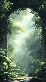 Luminous Jungle Portal with Misty Canopy