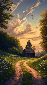 Rural dirt road curves toward wooden cabins at sunset sky