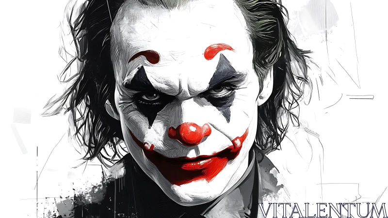 Digital portrait of a sinister clown face in close-up view.