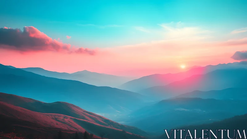 Layered mountain ridges are shown under diffuse colored light