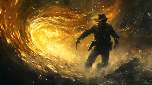 Adventurer confronts swirling golden cosmic vortex