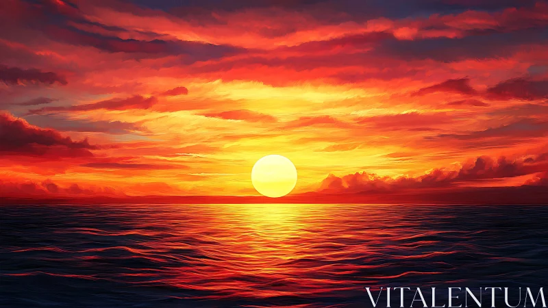 Hyperreal seascape sunset with saturated red-orange sky
