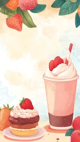 Strawberry dessert illustration with milkshake and cupcake focus.