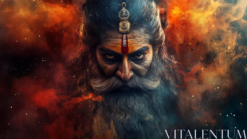 Intense bearded mystic portrait in swirling fiery smoke.