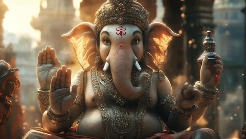 Highly detailed 3D rendering of ornate seated Ganesha idol