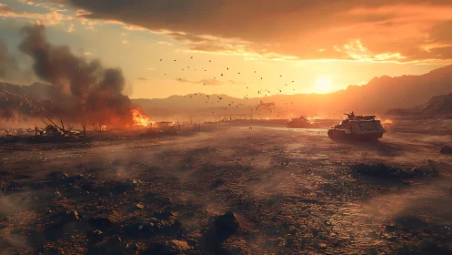 Armored vehicles in burning desert battlefield at sunset.