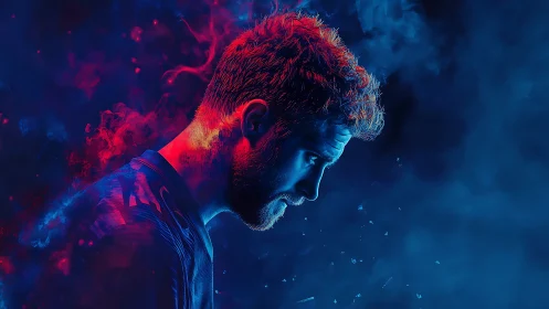 Neon-lit male portrait in dual-tone cinematic digital painting.