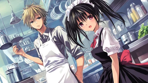 Anime café staff stand in bright stainless steel kitchen