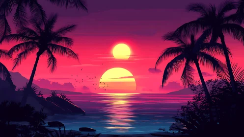 Tropical beach sunset with dual suns over calm ocean.