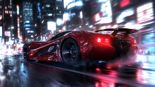 Neon-soaked supercar racing through futuristic city streets.