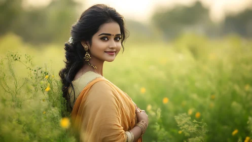 Elegant woman in traditional attire standing in blooming field, soft focus.