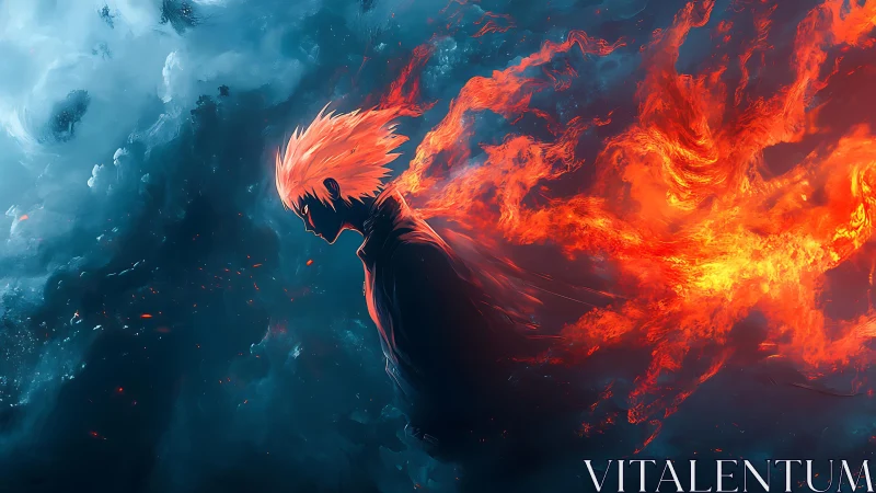 Fiery anime figure strides through swirling storm clouds.