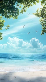 Tropical shoreline under clear sky with birds in flight.