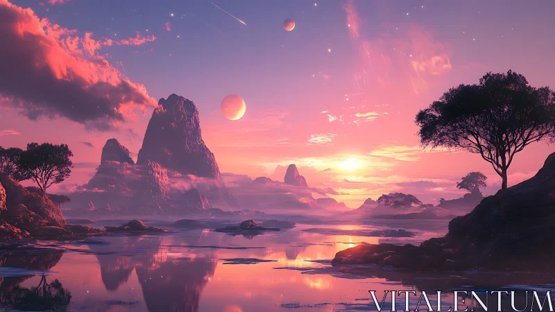 Spectral exoplanet shoreline with tri-lunar atmospheric sunset.