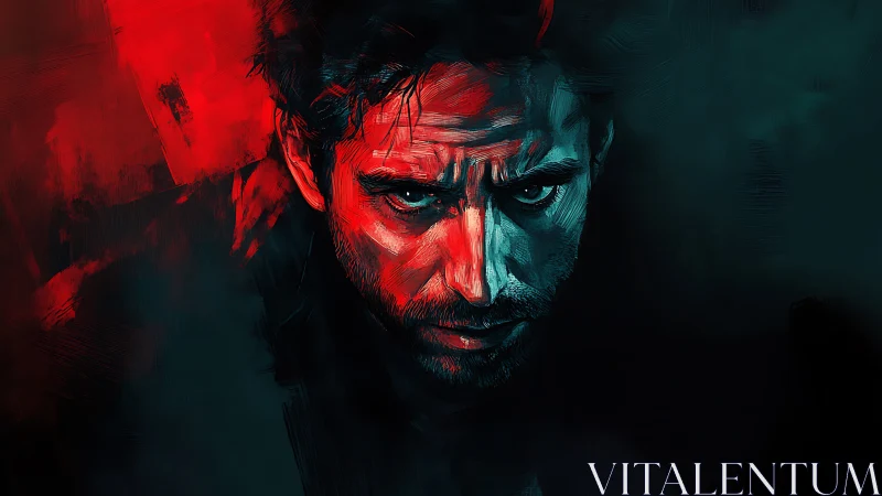 Brooding male portrait glows in red and teal shadowed light