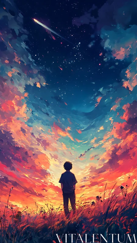 Boy watches blazing meteor over vivid twilight field.