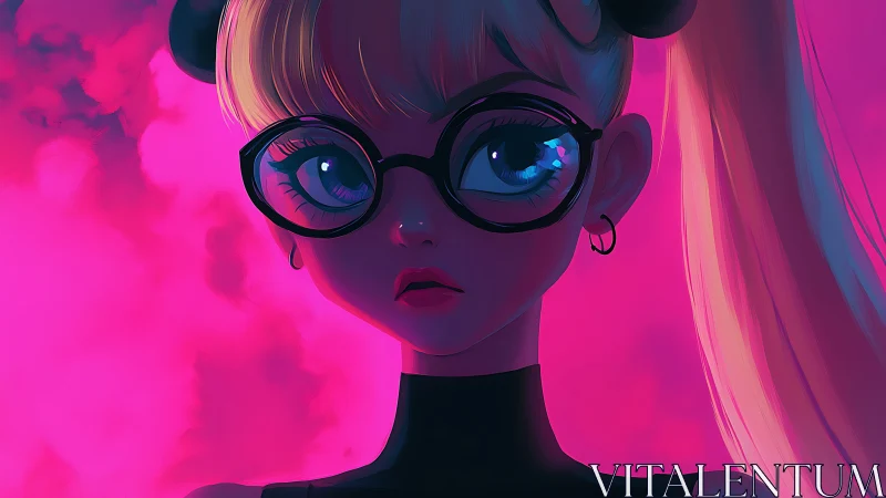 Glossy neon portrait of girl with glasses in magenta haze.