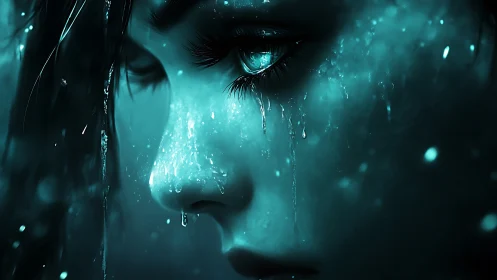 Close-up digital portrait of wet face in teal lighting.