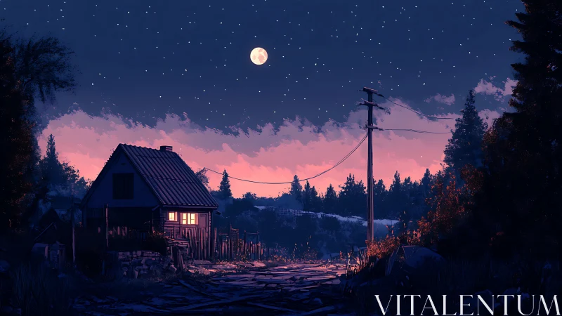 Rural house on quiet dirt road under starry full moon.