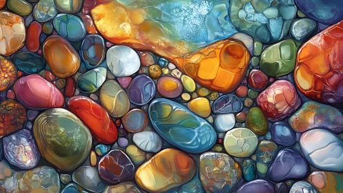 Riverstones parade across glassy color and liquid light