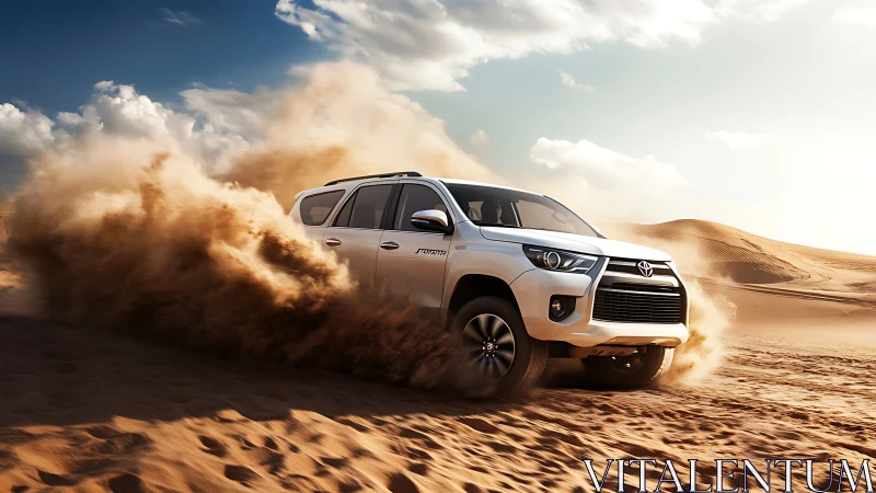 White SUV driving through sandy desert dunes in daylight.