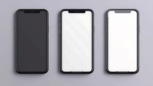 Three Smartphone Mockups. Dark, Light Screens Against Gray.