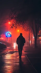 Silhouetted person walks on wet city street at night