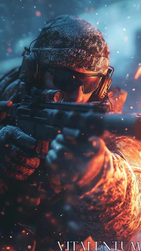 Photorealistic tactical sniper portrait in arctic combat lighting.