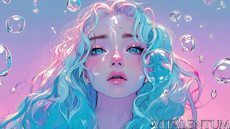 Digital portrait of girl with bubbles and pastel gradient.