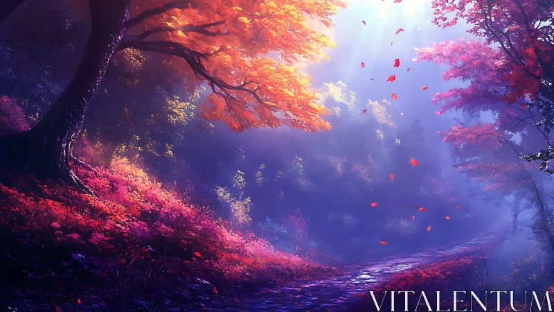 Forest pathway with amber foliage and purple atmospheric lighting