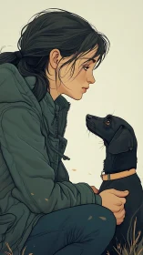 Girl in green parka gazes at black dog in soft palette.