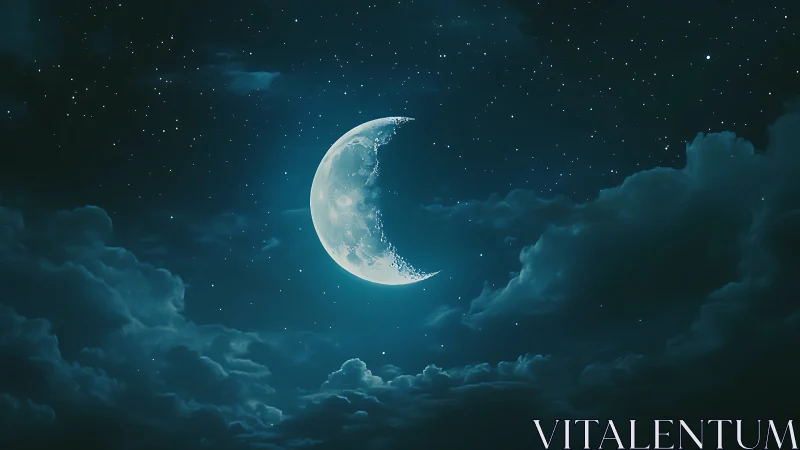 Crescent moon with volumetric clouds under star-dense night sky