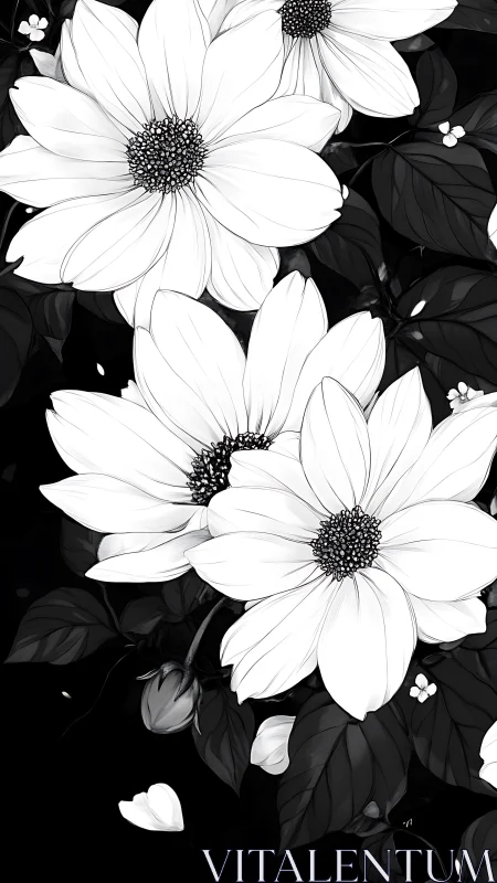 Black and White Floral Study: Daisy Composition with Foliage
