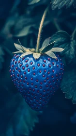 Surreal blue strawberry macro with glowing red seeds.