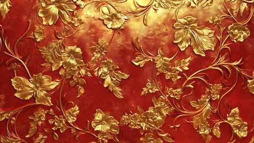 Gold floral relief pattern overlays uniform red metallic field