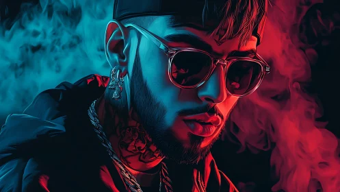 Neon smoke crowns a sunglasses rebel in electric twilight glow