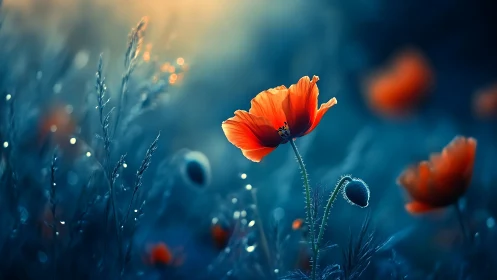 Luminous scarlet poppy in cool-toned bokeh meadow at dusk.