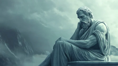 Monumental marble philosopher rendered in moody alpine atmosphere