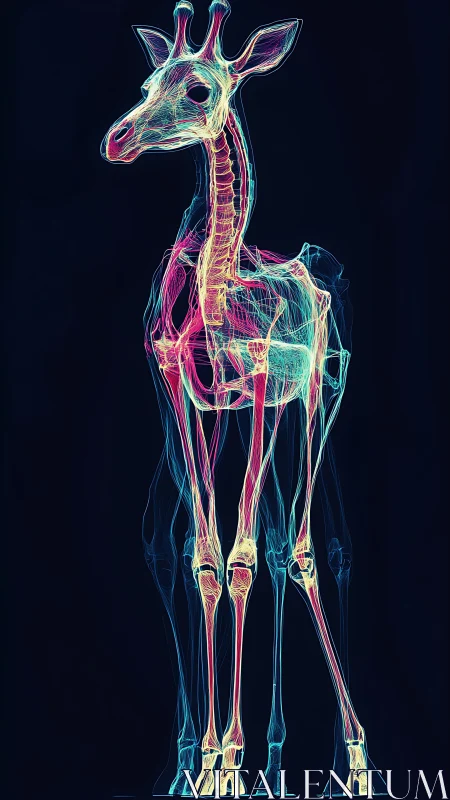 Neon wireframe giraffe glows against a deep cosmic void